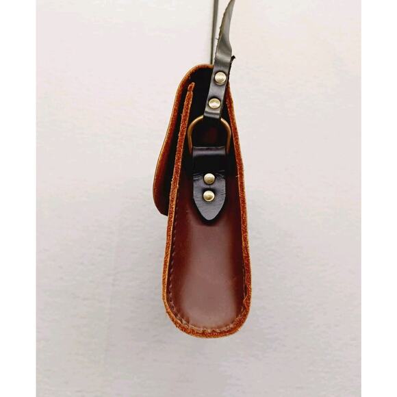 Brown Leather Box Purse Two Tone Black Strap Stiff Cowhide Crossbody Messenger - Picture 5 of 7